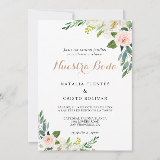 Greenery Elegant Spanish Wedding Einladung (Vorderseite)