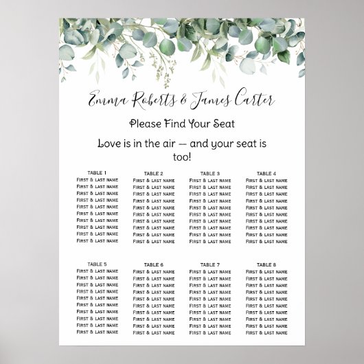 Greenery Elegant Wedding Seating Chart Poster (Vorne)