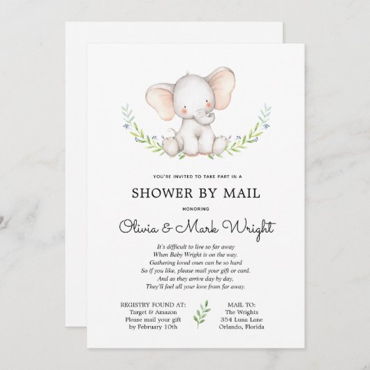 Greenery Elephant Baby Shower by Mail Einladung (Vorne/Hinten)