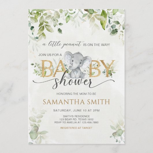 Greenery Elephant Baby Shower Einladung (Vorderseite)