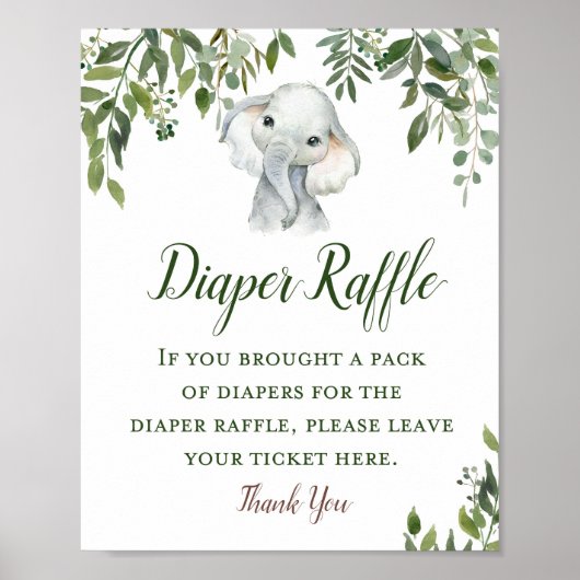 Greenery Elephant Diaper Raffle Sign Poster (Vorne)