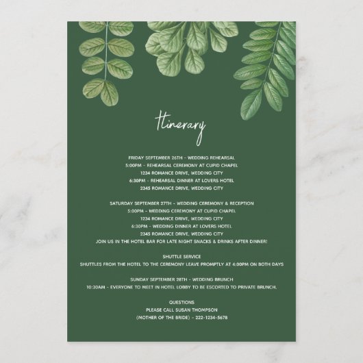 Greenery Emerald Green Wedding Tour Programm (Rückseite)
