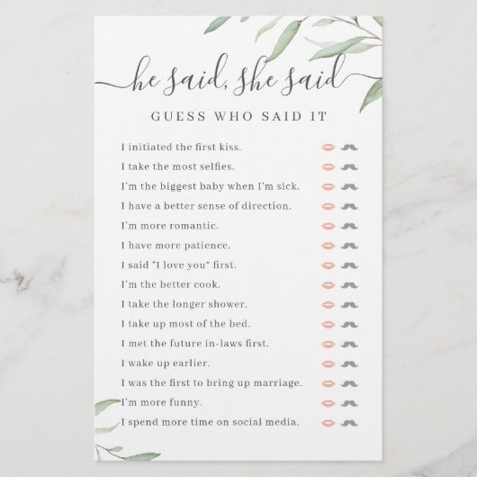 Greenery Er sagte, sie sagte Brautparty-Spiel (Vorderseite)