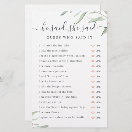 Greenery Er sagte, sie sagte Brautparty-Spiel (Vorne/Hinten)