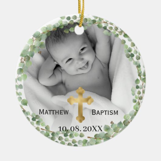 Greenery Eucalyptus Baby Baptism Foto Keramik Ornament (Vorne)