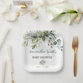 Greenery Eucalyptus Baby Shower Square Pappteller
