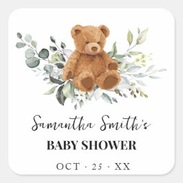 Greenery Eucalyptus Bear Baby Shower Quadratischer Aufkleber