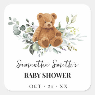 Greenery Eucalyptus Bear Baby Shower Quadratischer Aufkleber