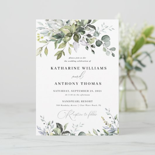 Greenery Eucalyptus Blätter Einladung Hochzeit (Stehend Vorderseite)