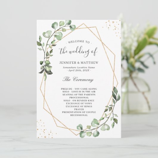 Greenery Eucalyptus Blätter Geometric Wedding Programm (Stehend Vorderseite)