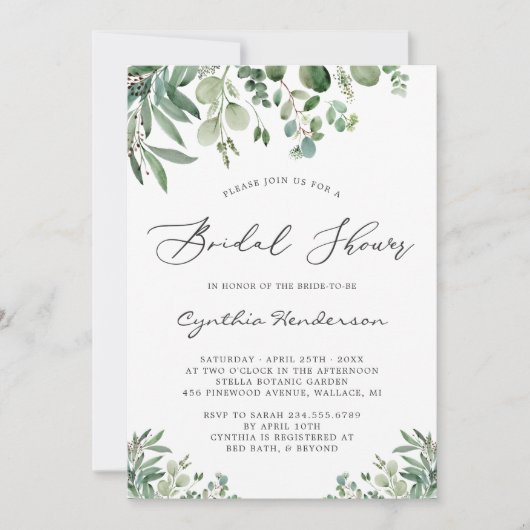 Greenery Eucalyptus Blätter Klassisches Brautparty Einladung (Vorderseite)