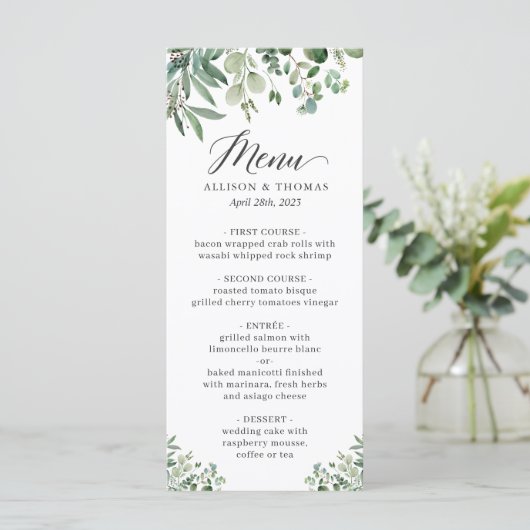Greenery Eucalyptus Blätter Wedding Menükarte (Stehend Vorderseite)