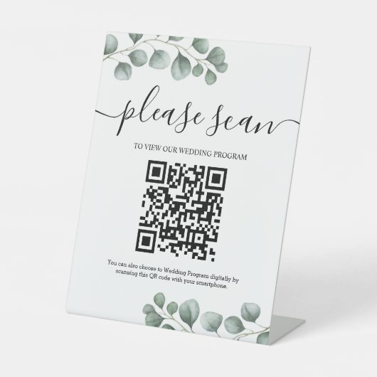 Greenery Eucalyptus Blätter Wedding Program QR Cod Sockelschild (Vorderseite)