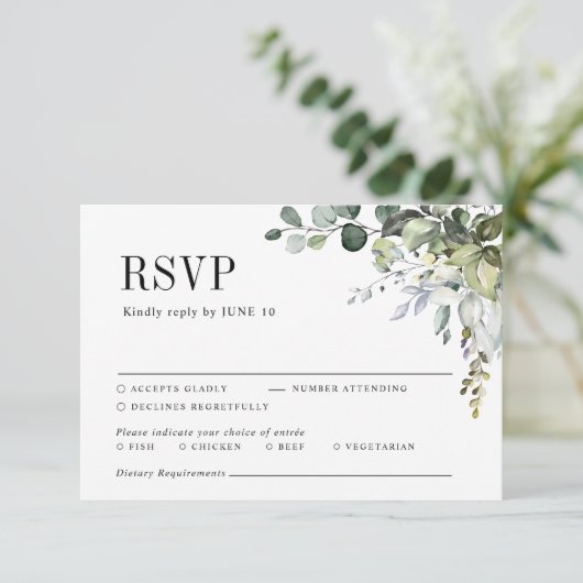 Greenery Eucalyptus Botanisches Elegantes Hochzeit RSVP Karte (Stehend Vorderseite)