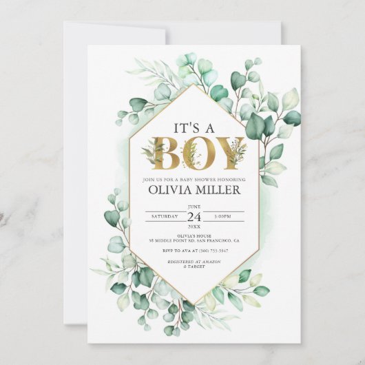 Greenery Eucalyptus Boy Baby Dusche Aquarell Einladung (Vorderseite)