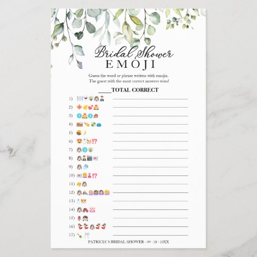 Greenery Eucalyptus Brautparty Emoji Pictionary Flyer (Vorne)