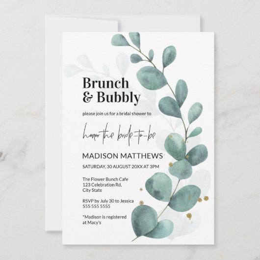 Greenery Eucalyptus Brunch & Bubbly Brautparty Einladung (Vorderseite)