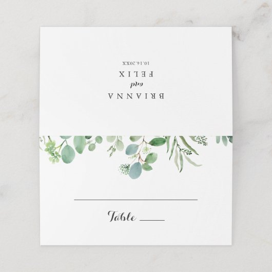 Greenery Eucalyptus Calligraphy Wedding Platzkarte (Außenseite Aufgefaltet)