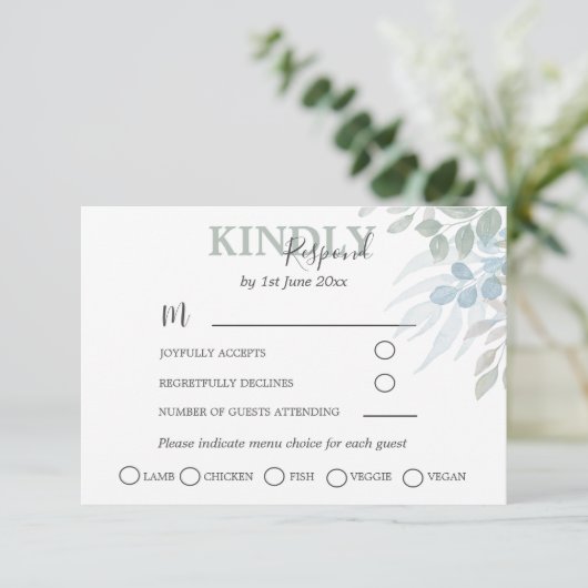 Greenery Eucalyptus Dusty Blue Wedding RSVP (Stehend Vorderseite)