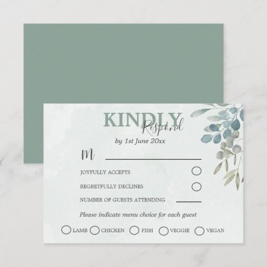 Greenery Eucalyptus Dusty Blue Wedding RSVP Karte (Vorne/Hinten)