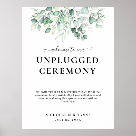 Greenery Eucalyptus Elegant Unplugged Wedding Sign Poster (Vorne)