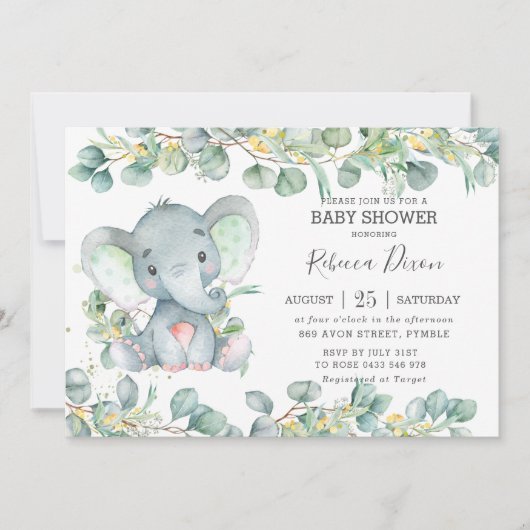 Greenery Eucalyptus Elephant Baby Shower Neutral Einladung (Vorderseite)