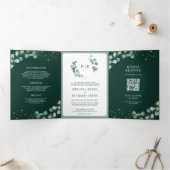 Greenery Eucalyptus Emerald Green QR Code Wedding Dreifach Gefaltete Einladung (Innenseite)