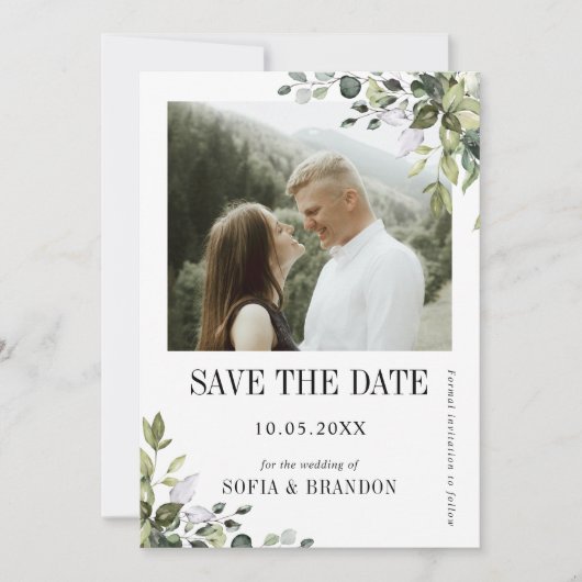 Greenery Eucalyptus Emerald Rustic Wedding Foto Save The Date (Vorderseite)