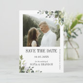 Greenery Eucalyptus Emerald Rustic Wedding Foto Save The Date (Stehend Vorderseite)