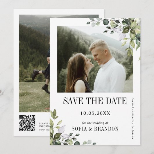 Greenery Eucalyptus Emerald Rustic Wedding Foto Save The Date (Vorne/Hinten)