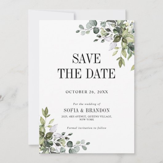 Greenery Eucalyptus Emerald Rustic Wedding Foto Save The Date (Vorderseite)