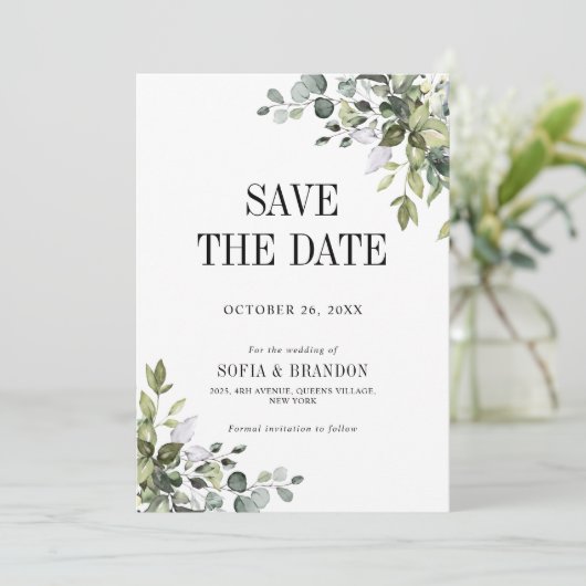Greenery Eucalyptus Emerald Rustic Wedding Foto Save The Date (Stehend Vorderseite)