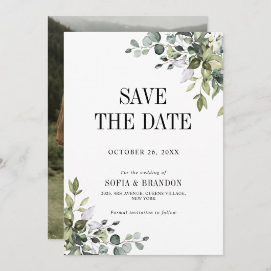 Greenery Eucalyptus Emerald Rustic Wedding Foto Save The Date (Vorne/Hinten)