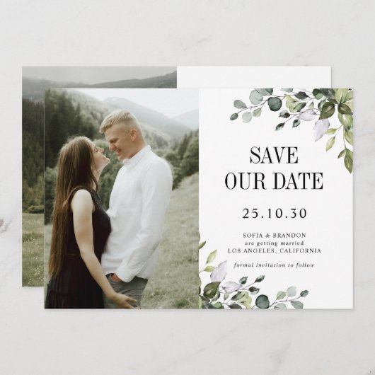 Greenery Eucalyptus Emerald Rustic Wedding Foto Save The Date (Vorne/Hinten)