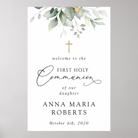 Greenery, Eucalyptus, First Holy Communion Welcome Poster (Vorne)