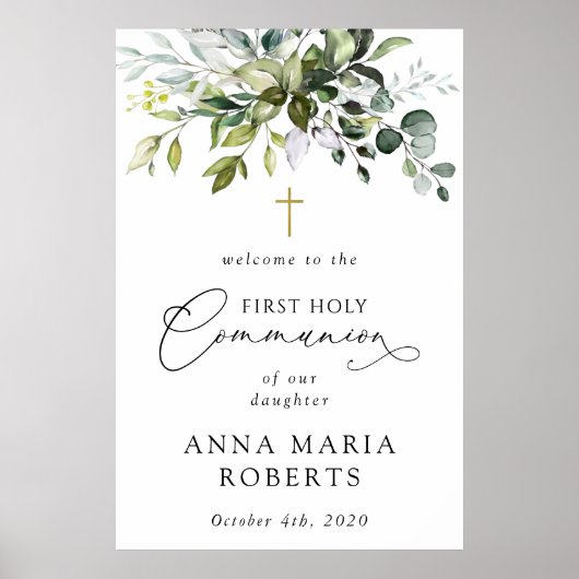 Greenery, Eucalyptus, First Holy Communion Welcome Poster (Vorne)