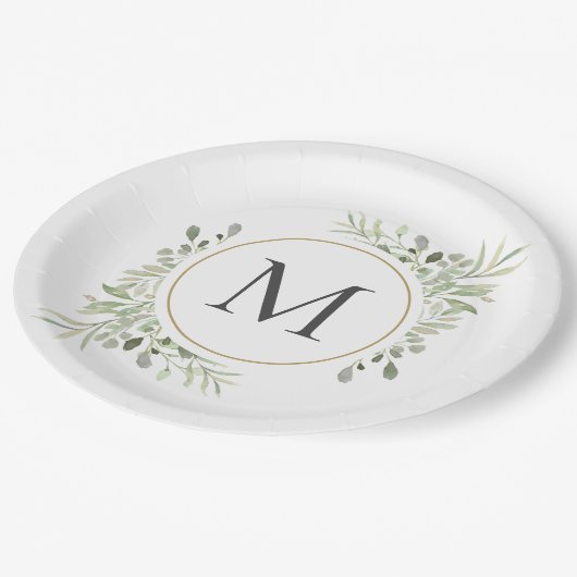 Greenery Eucalyptus Foliage Monogram Pappteller (Schrägansicht)