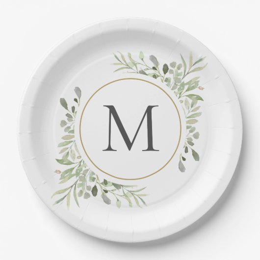 Greenery Eucalyptus Foliage Monogram Pappteller (Vorderseite)
