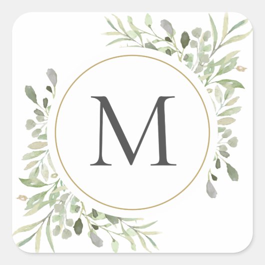 Greenery Eucalyptus Foliage Monogram Quadratischer Aufkleber (Vorderseite)