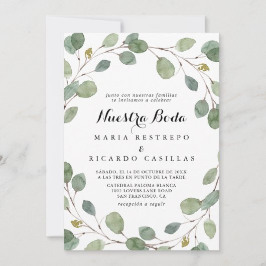 Greenery Eucalyptus Foliage Nuestra Boda Wedding Einladung (Vorderseite)