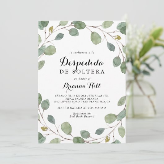 Greenery Eucalyptus Foliage Spanisches Brautparty Einladung (Stehend Vorderseite)