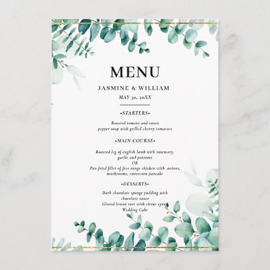 Greenery Eucalyptus Frameborder Wedding Menükarte (Vorderseite)