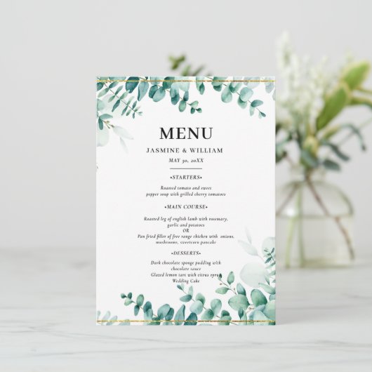 Greenery Eucalyptus Frameborder Wedding Menükarte (Stehend Vorderseite)