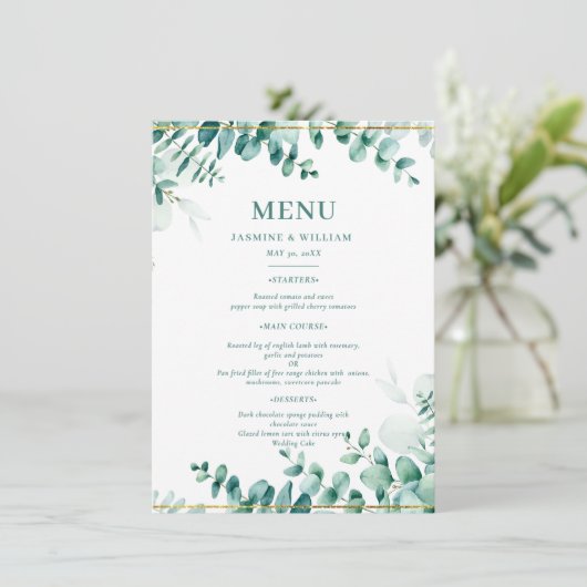 Greenery Eucalyptus Frameborder Wedding Menükarte (Stehend Vorderseite)