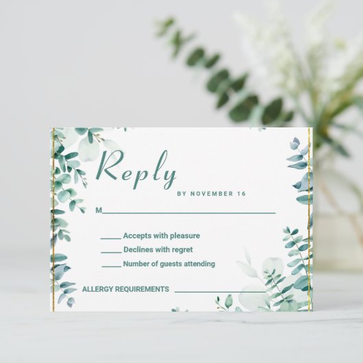Greenery Eucalyptus Frameborder Wedding RSVP Karte (Stehend Vorderseite)