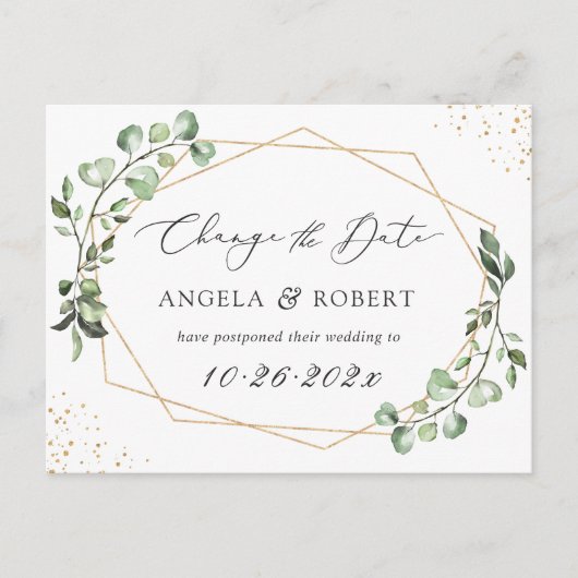Greenery Eucalyptus Geometric Ändern Sie das Datum Postkarte (Vorderseite)