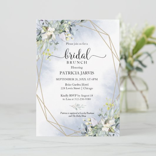 Greenery Eucalyptus Geometric Bridal Brunch Einladung (Stehend Vorderseite)