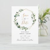 Greenery Eucalyptus Geometric Frame Save the Date Einladung (Stehend Vorderseite)