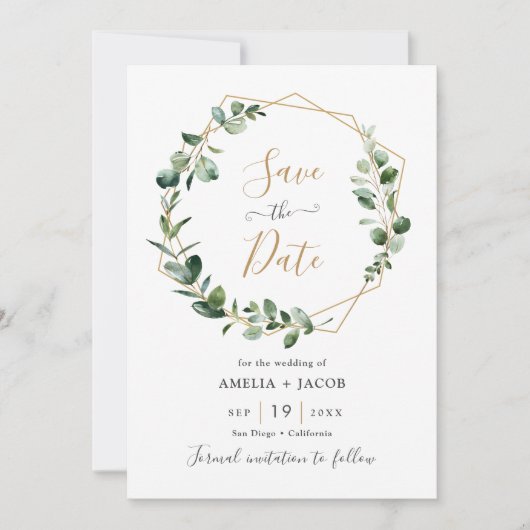 Greenery Eucalyptus Geometric Frame Save the Date Einladung (Vorderseite)