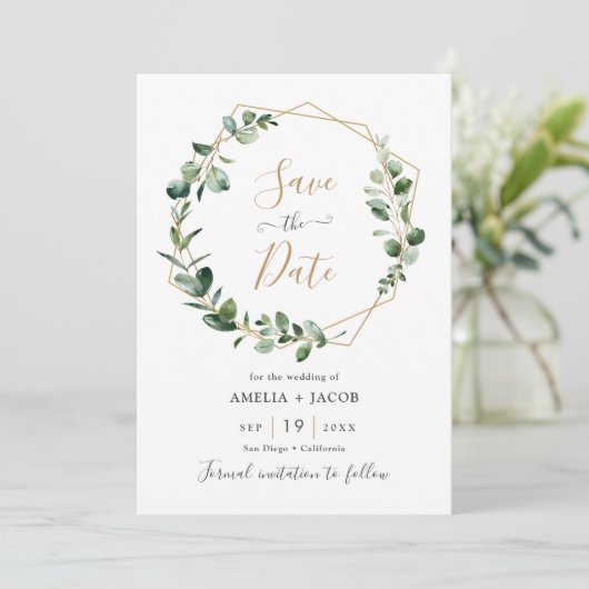 Greenery Eucalyptus Geometric Frame Save the Date Einladung (Stehend Vorderseite)